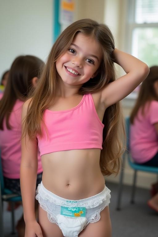 Young girl posing in a classroom environment. Long brown hair. Wearing pink crop top and Pampers diaper trainer. Other girls in the background. Soft and warm lighting creates atmosphere.