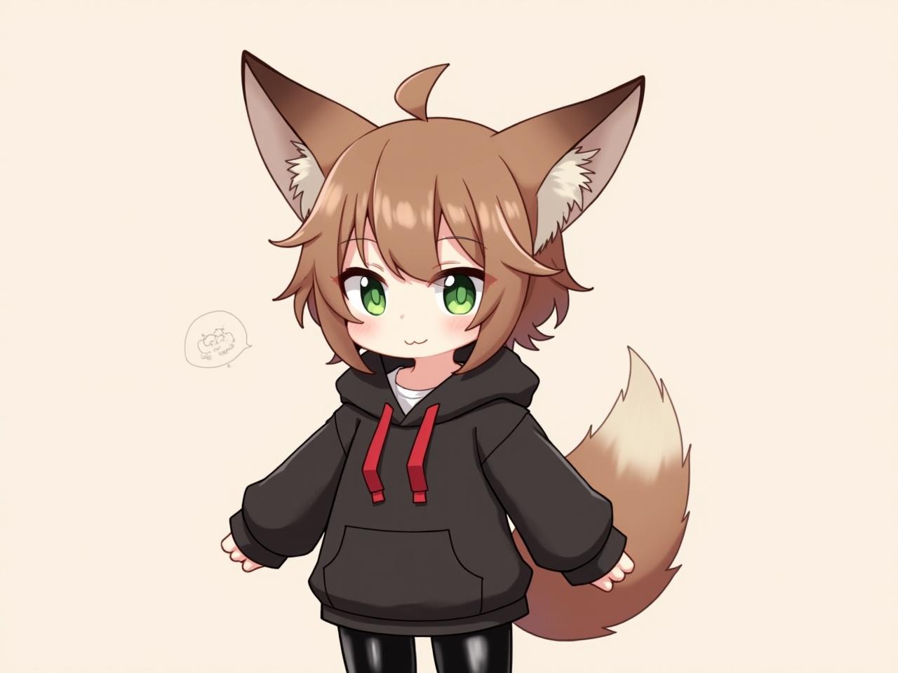 The image features a character with anime-style features. They have short, shaggy brown hair and large fox ears on their head. Their eyes are bright green, giving them an expressive look. The character wears a black hoodie with red drawstrings and has shiny black pants. A bushy fox tail is visible behind them, adding to their unique appearance. The background is a soft, neutral color, emphasizing the character's design. The overall vibe is playful and cute, typical of anime characters.