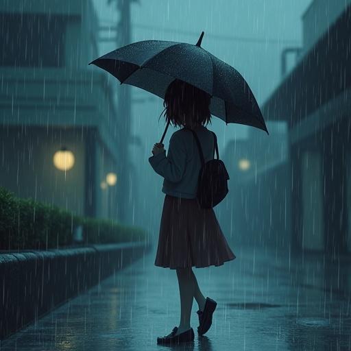 Anime style illustration of a girl with an umbrella walking in the rain. The girl shows half of her side face. It is a melancholic scene.