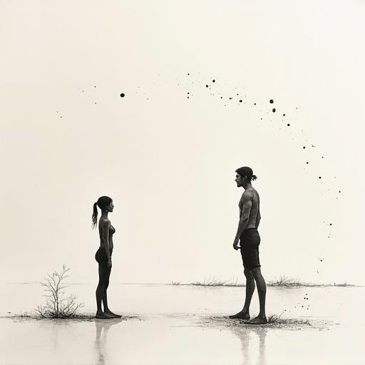 Two figures representing human consciousness evolution. Monochrome art style with delicate ink lines on textured paper. Creating a serene atmosphere. Inspired by traditional Asian brush techniques.