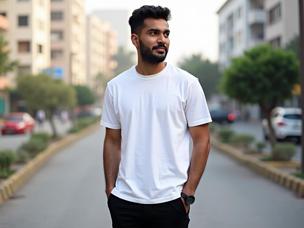 A young man stands confidently on a quiet urban street, wearing a simple white t-shirt and black pants. The scene is set in a residential area with greenery and parked cars around. Soft daylight casts a gentle glow, highlighting his relaxed demeanor. The background is slightly blurred, emphasizing the subject. It's a serene moment, capturing a modern lifestyle in the city.