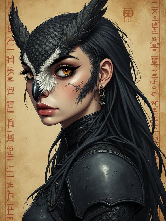 Anime style digital illustration. Owl woman with ash gray skin. Amber eyes. Two thin scars on sharp cheekbones. Matte black leather armor with shadowy threads. Background of old papyrus with mystical runes. Soft warm lighting with dramatic shadows.