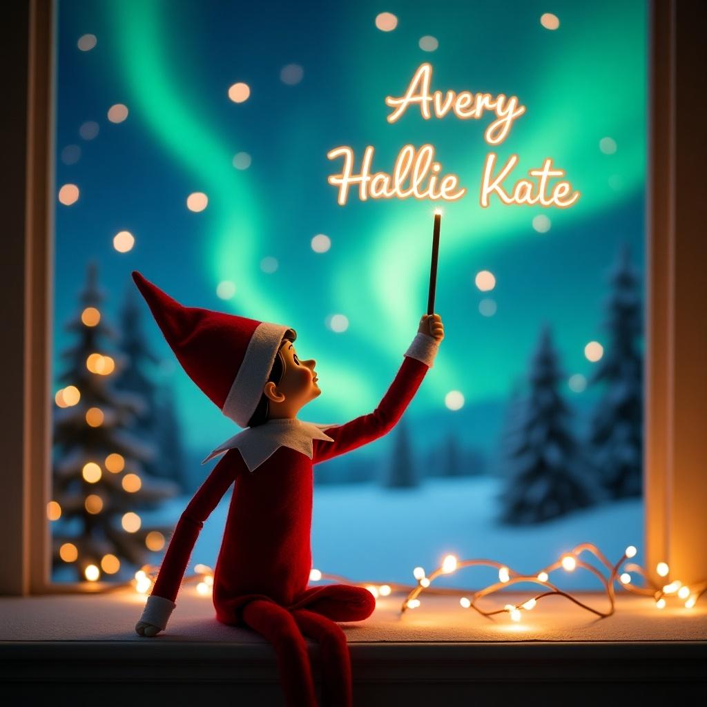 An enchanting Christmas scene captures the magic of the holiday season with an elf on the shelf. The elf is dressed in red and white, facing the sky with a joyful expression. He wields a magic wand, writing names in glowing letters. The backdrop features mesmerizing northern lights, enhancing the festive ambiance. String lights adorn the window, adding warmth to the scene. This whimsical portrayal evokes feelings of wonder and excitement, celebrating the joy of Christmas.