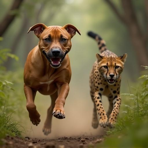 A brown pitbull and a cheetah running through a forest. Both animals look energetic. The pitbull seems excited. The cheetah appears scared. The scene looks vibrant and lively. Soft sunlight highlights the forest background.