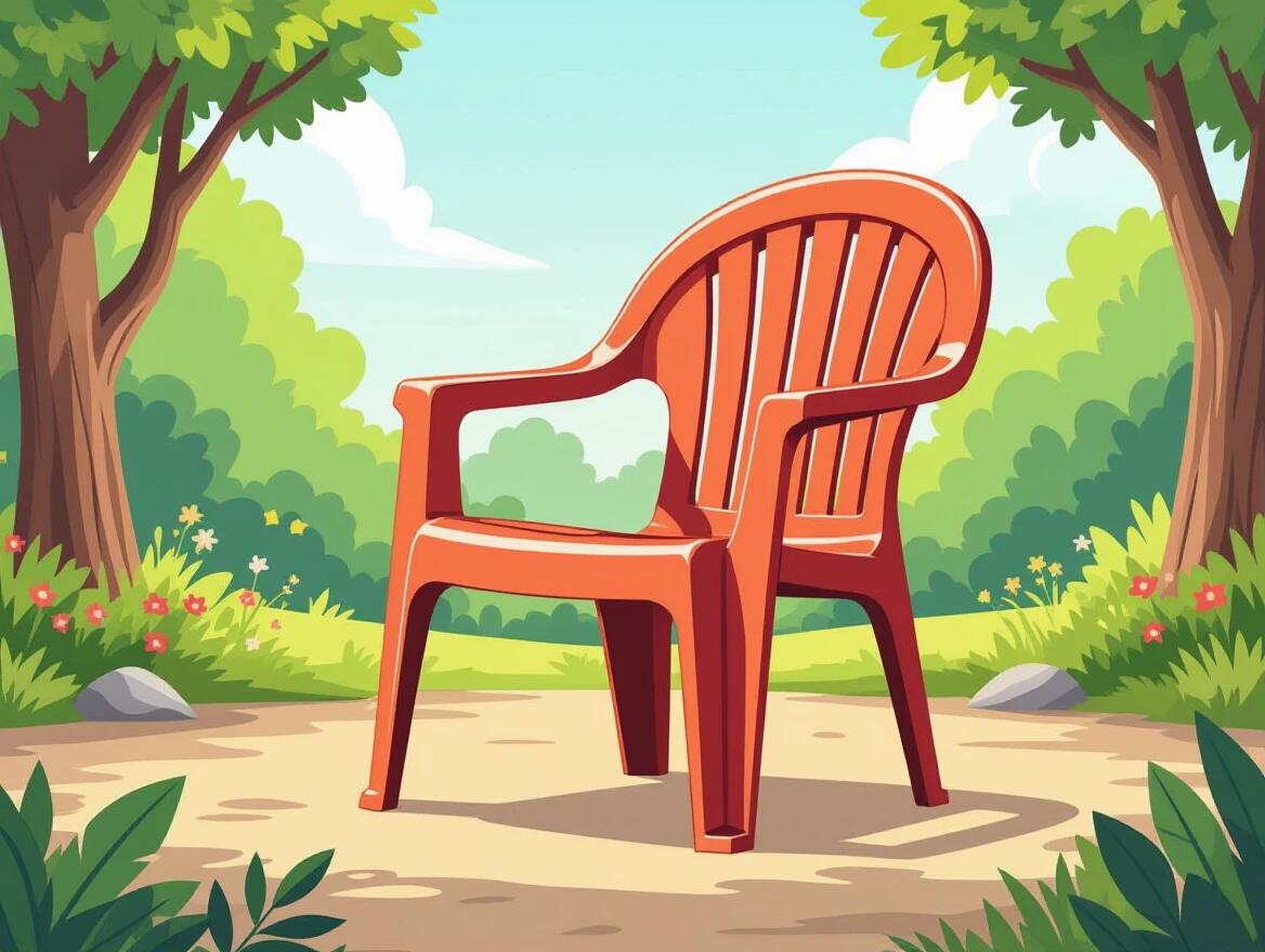 A cartoon vector graphic of a plastic chair. The chair is viewed at a 3/4 perspective. The image features a clear and bright background without distractions.