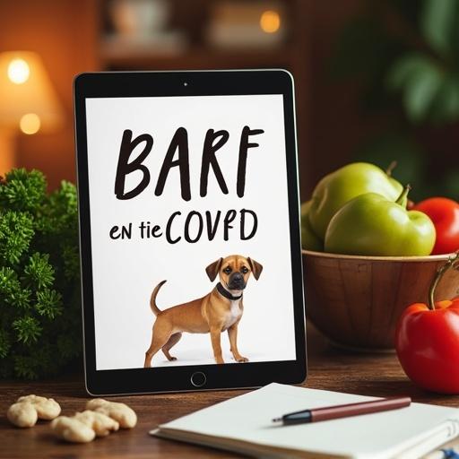 Digital mockup of an ebook titled BARF en tiempo récord on a tablet surrounded by fresh ingredients and a notebook. Warm lighting creates a cozy atmosphere for pet lovers.