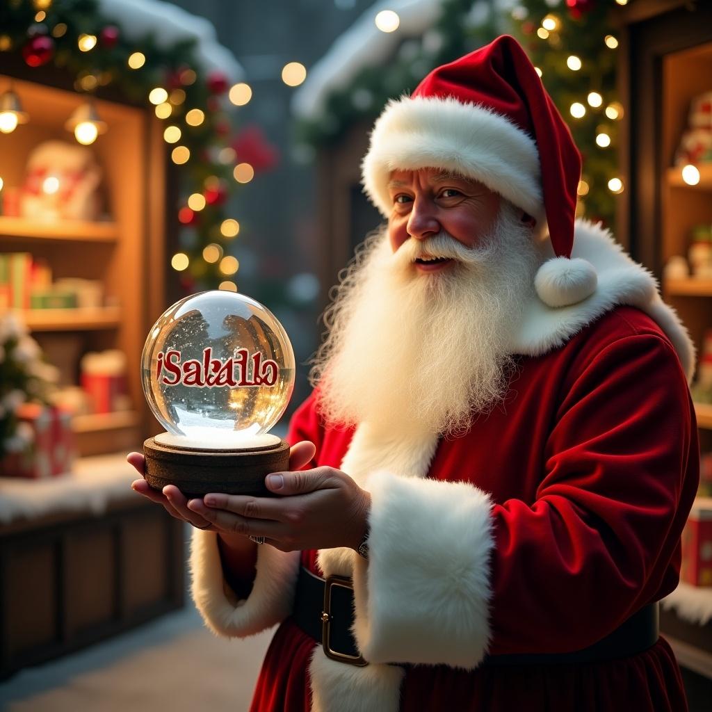 Christmas scene with Santa Claus wearing a red and white suit. Santa holds a snow globe showing the name 'Isaiah'. Background with a toy shop decorated festively. Soft glowing lights and snow present in the scene.