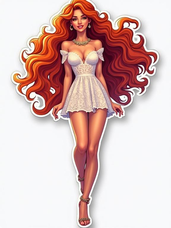 Beautiful woman has long curly hair. She wears a lace short dress. The illustration has a colorful and playful style. The jewelry adds elegance to her appearance. The design is suitable for marketing and marketing applications.
