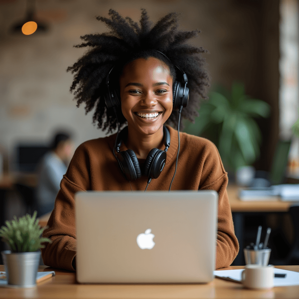 A woman with headphones smiles while working on her laptop in a cozy, plant-filled workspace.