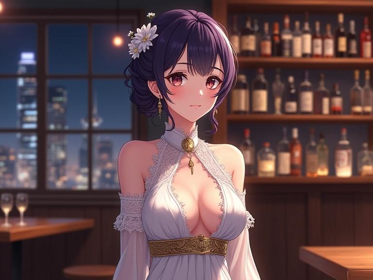 Elegant anime lady with dark violet hair styled up. She wears a white dress with intricate lace sleeves and a golden belt. Background is a cozy bar with night skyline visible through windows. Warm lighting creates an inviting atmosphere.