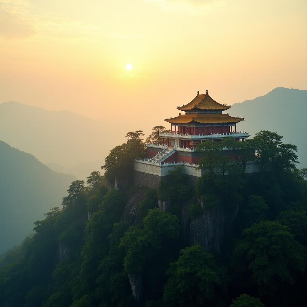 This image captures a stunning Chinese temple, distinguished by its domed golden roof. It is perched atop a mountain, surrounded by a lush canopy of green trees. The sun is shining brightly, casting a warm glow over the scene. An aerial view highlights the traditional architectural details of the multiple buildings around the temple. This picturesque setting evokes a sense of peace and cultural richness, inviting viewers to explore the beauty of nature and heritage.