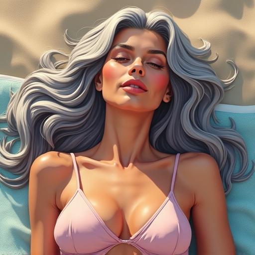 A vector illustration shows a mature woman with long grey hair. She is lying on a towel at the beach. The woman wears a microbikini and has visible abs. The scene is high definition. The image captures the woman sunbathing with a smile. Her hair flows around her shoulders as she poses gracefully.