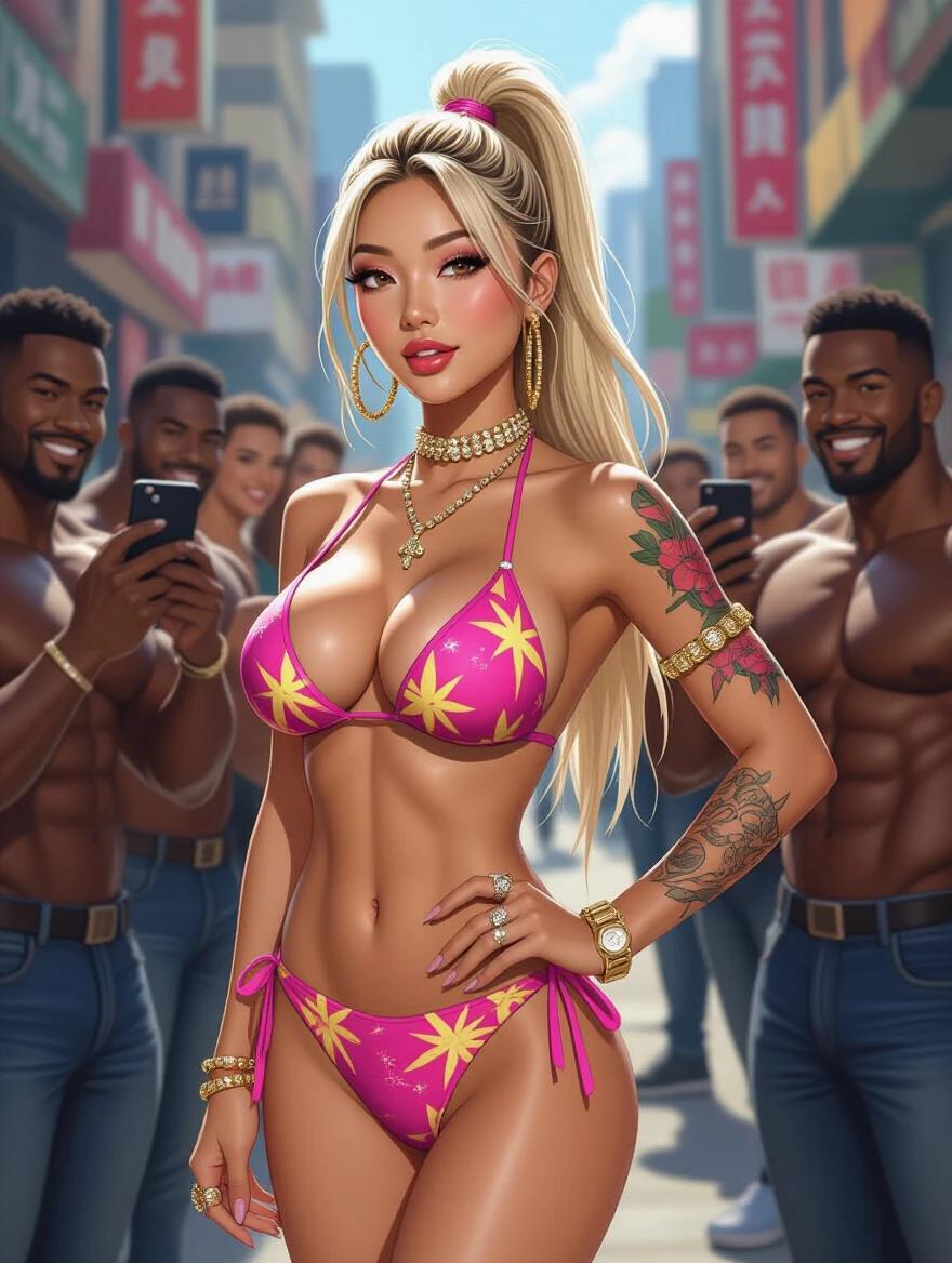 An Asian model stands confidently on a city street. Wearing a bright edgy bikini with floral prints. Features a slim waist and long legs. High blonde ponytail styled elegantly. Bright makeup enhances her beauty. Showcases various tattoos and shiny jewelry. Leaning slightly with one hand on her hip. Mouth is half-open in a relaxed expression. Surrounded by muscular men who are taking pictures. The atmosphere is vibrant with urban elements in the background.