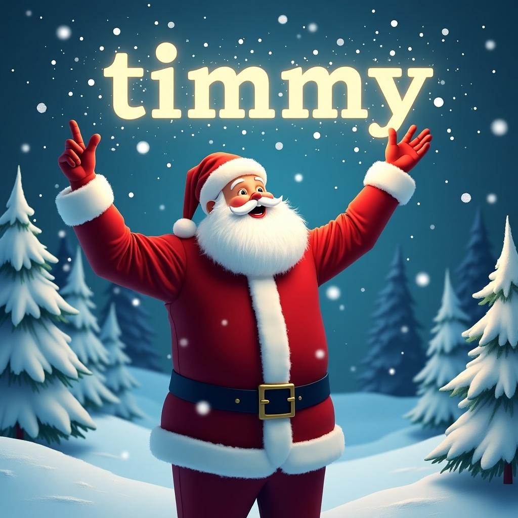 The image depicts a joyful Santa Claus standing in a winter wonderland. He is dressed in his traditional red suit with white trim and a matching hat. Santa is pointing upward as if he is magically writing a name in the sky. Snowflakes gently fall around him, adding to the festive atmosphere. In the sky, glowing letters spell the name 'timmy', enhancing the magical scene. The background features beautifully snowy trees, creating a perfect Christmas backdrop.