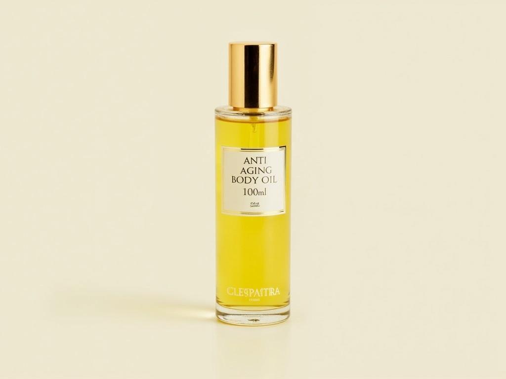 This image features a bottle of anti-aging body oil. The bottle is cylindrical with a golden cap and contains a yellow oil. The label prominently displays the words 'ANTI AGING BODY OIL' and '100 ml'. The branding suggests luxury skincare, as it includes the name 'CLEOPATRA' in an elegant font. The background is plain and neutral, allowing the product to stand out clearly.