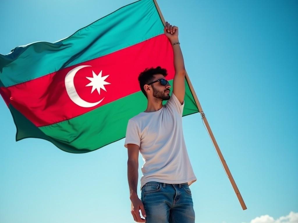 The image features a young man proudly holding the Azerbaijan flag while standing against a bright blue sky. He is wearing a simple white t-shirt and sunglasses, giving him a casual and cool look. The flag displays vibrant colors of red, green, and white, representing the nation's identity. This scene captures a spirit of patriotism and cultural pride. The sunlight enhances the colors, making the image bright and lively. It evokes feelings of joy and celebration related to Azerbaijan's rich culture and heritage.