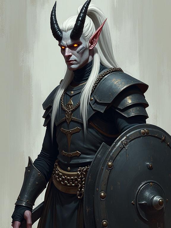 Character design of a tall imposing male tiefling with ash gray skin and glowing amber eyes. Silver hair tied in a high ponytail. Black curved horns arching back. Two thin scars across cheekbones. Wears chainmail shirt and plate pants. Holds a black longsword and large shield. Painterly textures and bold color accents. Expressive brushwork. Soft rim lighting and dramatized depth of field.