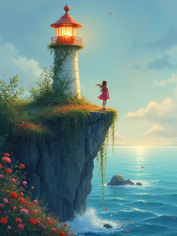 A slender lighthouse rises from a cliff covered in flowing vines and drifting flower petals. Its lantern room glows like a heartbeat. A girl in a scarf stands at the edge looking out. The style is Lois van Baarle, featuring magical realism and watercolor-soft gradients with warm ambient light and expressive shapes.