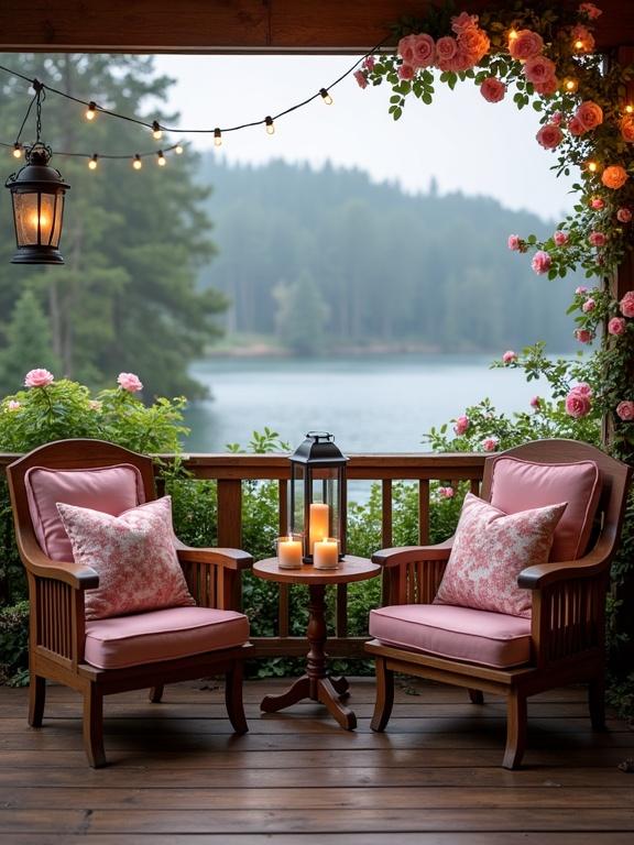 This image shows two wooden armchairs with plush pink cushions on a lakeside porch. A small table in between has candles and a mug. String lights hang overhead. Lush pink roses surround the area. The background features a misty lake and forested hills. The atmosphere is romantic and serene, ideal for relaxation or conversation.