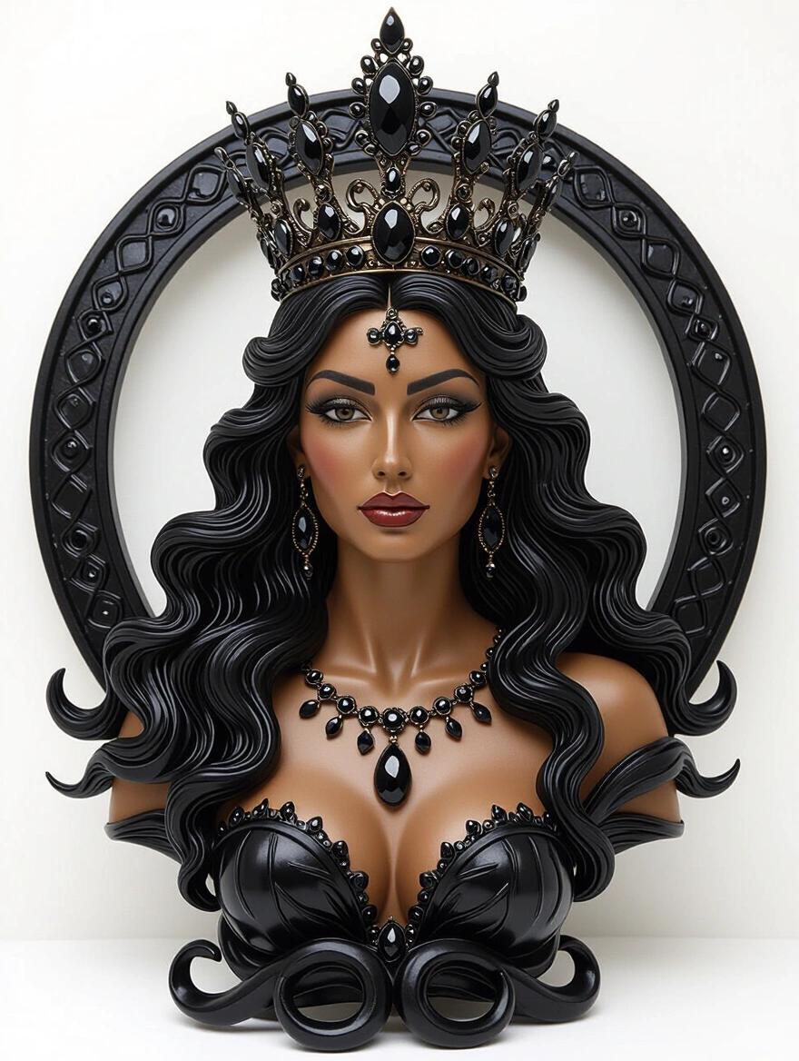 Resin sculpture depicting a goddess inspired by the Scorpio sign. Figure has dark skin and long wavy black hair. Features a queen's crown adorned with dark jewels. Expression is lethal yet powerful.