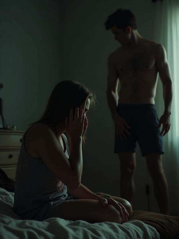 Side view of a girl kneeling and crying in a sleeveless tank top. She faces her father, who has his back to the camera. The setting is a dark bedroom, creating an emotional atmosphere.