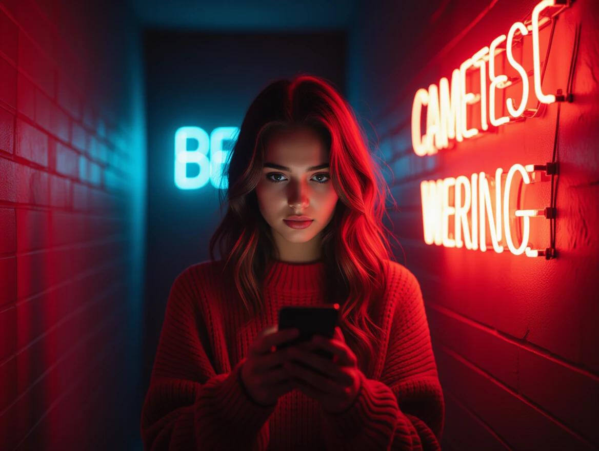 Sad young woman in a dark red neon room. She holds a phone. Room has neon signs. Emotional feelings of loneliness and sadness. Captured in a gothic cinematic photography style.
