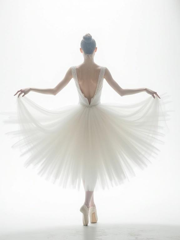 A silhouette of a ballerina in a flowing white tutu stands on a white background. The pose is elegant, with arms gracefully extended. Light falls softly from behind, creating a halo around her figure. The emphasis on delicate details of the costume contrasts with the minimalist setting. The image reflects a blend of simplicity and complexity, evoking a sense of beauty and grace.