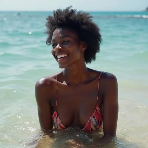 A beautiful woman with dark skin sitting in the water at the beach. She is smiling. The image captures a cheerful and relaxed atmosphere.