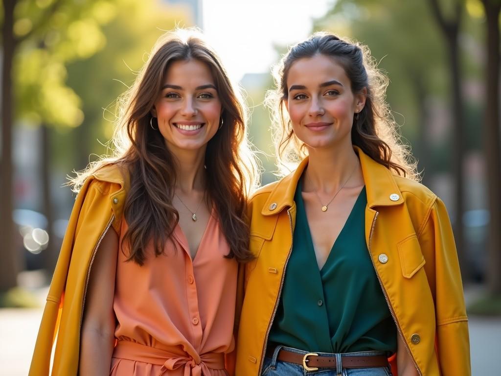 This image features two young women, both twins, but showcasing distinct fashion styles that reflect their unique personalities. One twin wears a peach-colored blouse with a stylish belt, while the other wears a vibrant emerald green top. The difference in their outfit colors sets them apart visually, despite their sameness as twins. They stand in a sunlit street, exuding confidence and happiness. The background is softly blurred with lush green trees. Their smiles and poses convey a sense of closeness and individuality, making the photo appealing for various fashion and lifestyle applications.