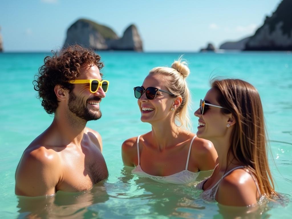 The image features three smiling individuals—two women and one man—standing in shallow water, with vibrant, clear blue ocean around them and distant limestone formations in the background. The man, sporting curly hair and wearing yellow sunglasses, is positioned on the left, while the woman next to him has long blonde hair styled in a bun and wears reflective sunglasses. The third individual, to the right, has straight brown hair and is also donning sunglasses. They appear joyful, engaging in lighthearted conversation, with sunlight casting a soft glow on the scene.