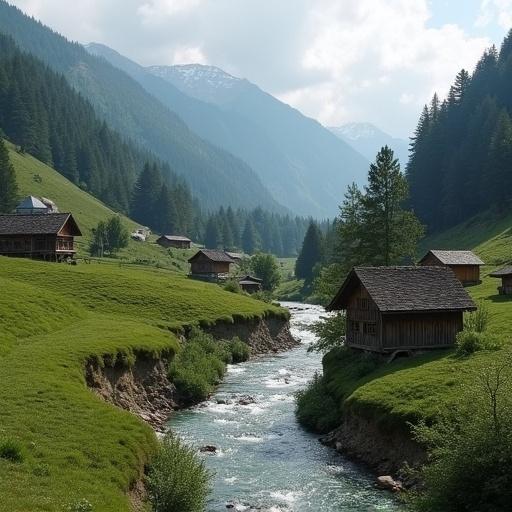 Scenic view of Svaneti Georgia. Lush green hills surround a winding river. Traditional wooden houses are present along the riverbanks. Mountains rise in the background under a cloudy sky.