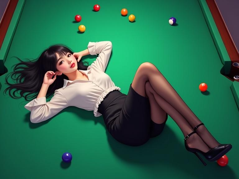 A full-body, top-down view of a mid-20s East Asian woman lying on a green pool table. She wears a white blouse and a black pencil skirt. Her long legs are in black pantyhose and heels. She has long black hair and a beautiful face with makeup. She gazes upward with confidence. Billiard balls are scattered around her. Background is softly blurred.