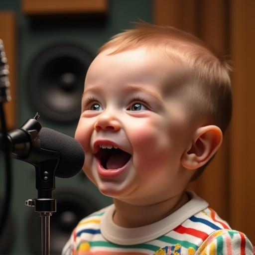 Joyful baby sings in music recording studio. Colorful clothes. Close-up on head and neck. Microphone in front but not touching. Soft lighting. Studio equipment blurred in background.