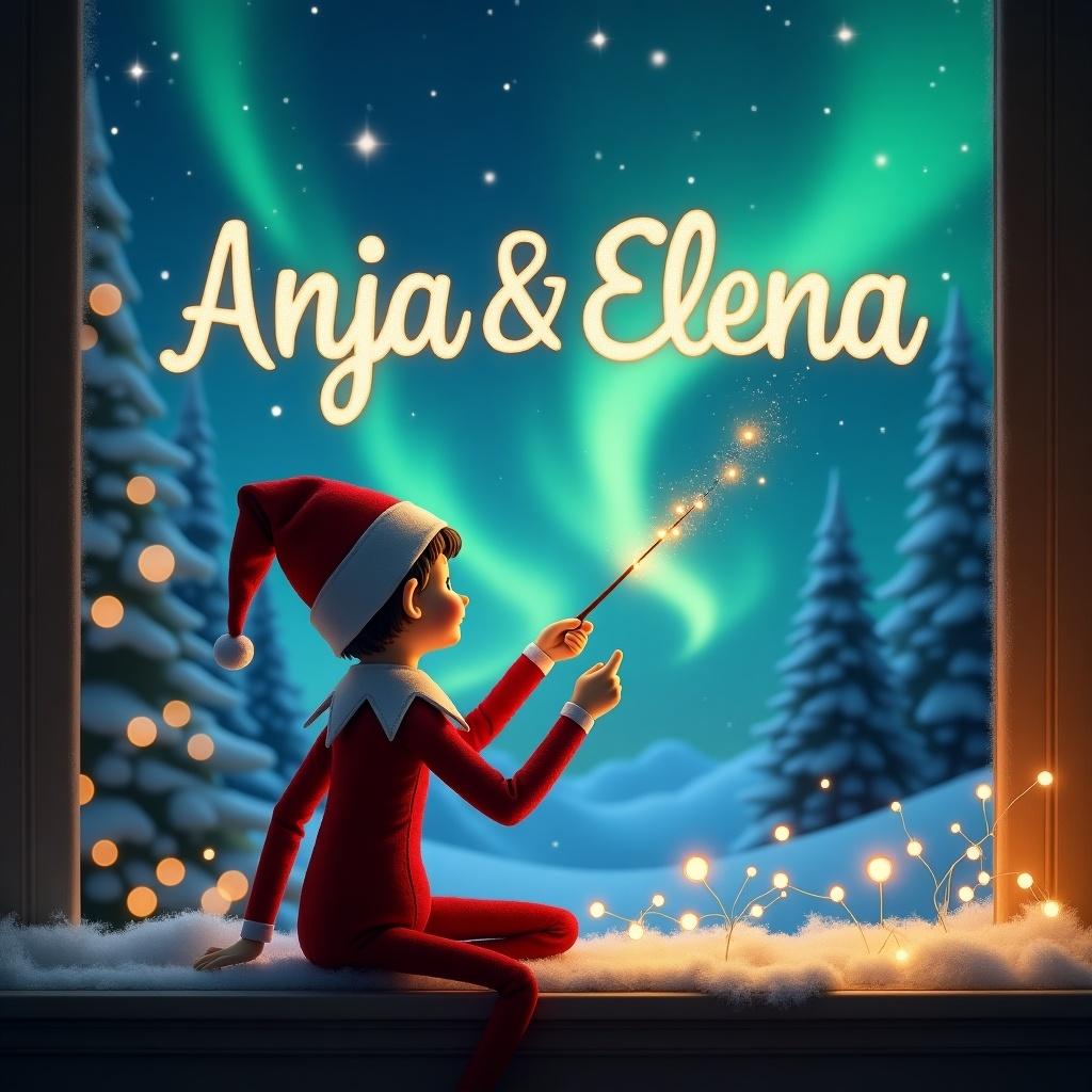 The image features an elf on the shelf with his back turned, sitting and gazing at the sky filled with northern lights. He holds a magic wand and is elegantly writing the names 'Anja & Elena' in the starry night. The background is a whimsical winter landscape with snow-covered trees and a cozy, inviting atmosphere. Soft fairy lights twinkle around, enhancing the magical feel. The scene captures the spirit of Christmas and the wonder of the holiday season.