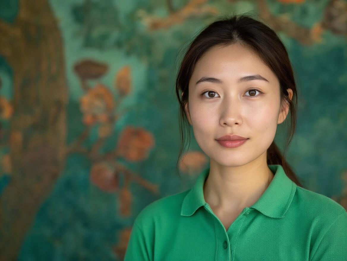 Asian woman pet trainer in green polo shirt. 29 years old, natural Asian skin tone. Mid-length brown hair, professionally styled. Indoor pet training area setting with training gear. Warm, inviting atmosphere for pet training.