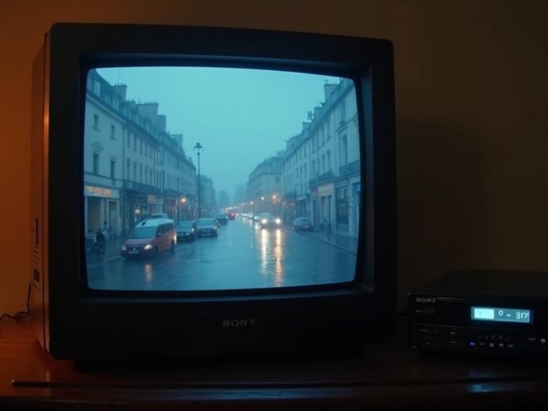Scene featuring a black Sony Trinitron CRT television connected to a Sony VCR in a hotel in Paris. Rainy night ambiance with a view of a wet street.