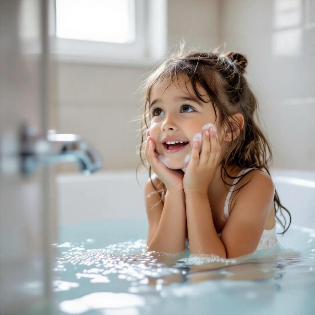Girl playfully enjoying bath time with bubbles. Light reflections in water. Smiling and cheerful outlook in bathroom setting.