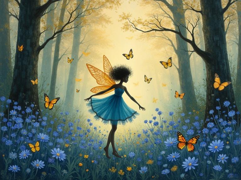 Surreal whimsical painting depicting a serene forest glade filled with butterflies. A fairy dances amongst bluebells. The scene blends ethereal elements with captivating aesthetics. The forest serves as a tranquil backdrop. Includes soft blended textures creating a muted dreamlike quality. Features mysterious yet playful atmosphere achieved through subtle shading and delicate highlights. Incorporates painterly brushstrokes, backlit composition, and golden outlines.