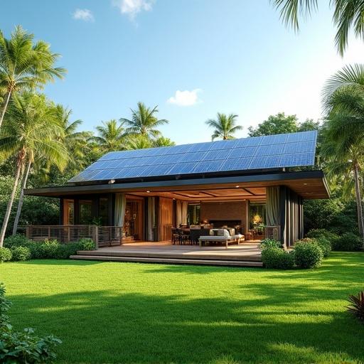 Luxury house designed with solar panels in a tropical setting. The building features modern architecture with large windows and a spacious wooden deck. A lush green lawn surrounds the house with landscaped gardens. This reflects eco-friendly living and a blend of luxury and sustainability.