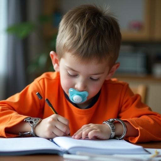 Ten years old boy does school homework at home. He wears orange jail jumpsuit and has a pacifier. Handcuffs are on his wrists. Mother helps with homework.