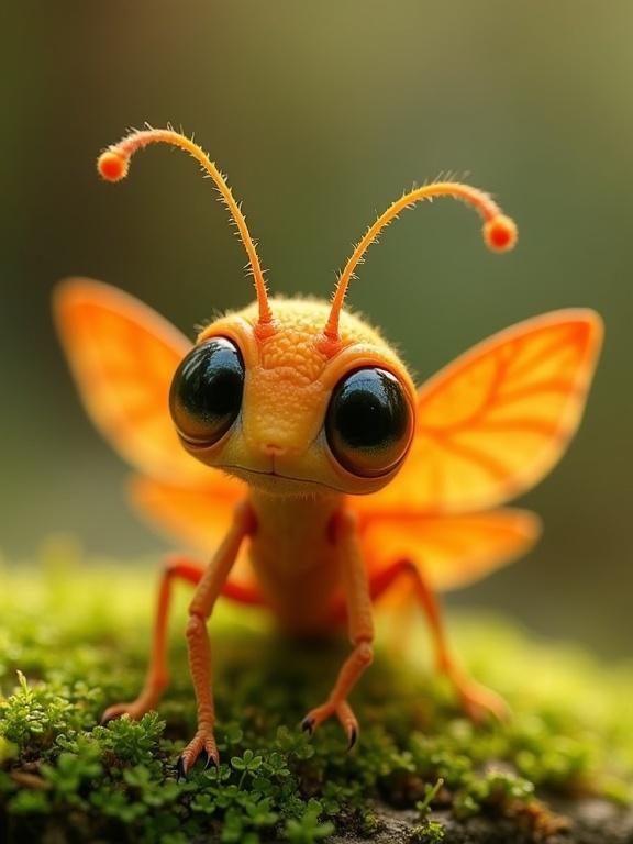 Whimsical insect with vibrant orange color and enormous dark eyes. Delicate wings resembling autumn leaves and curved antennae. Perched on bright green moss in a soft-focus forest setting. Evokes curiosity and wonder. Magical and ethereal appearance in warm sunlight.