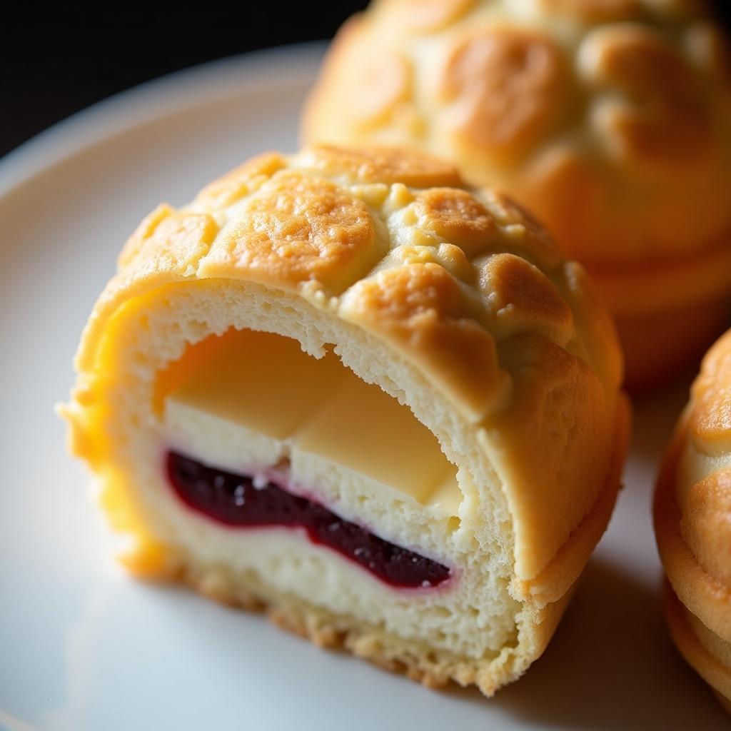 Close-up view of a crujiente craquelí dessert. The craquelí has a golden, cracked exterior and a soft interior. Inside, it features layers of white chocolate and raspberry jam. The texture and colors are vibrant, showcasing an artistic presentation.