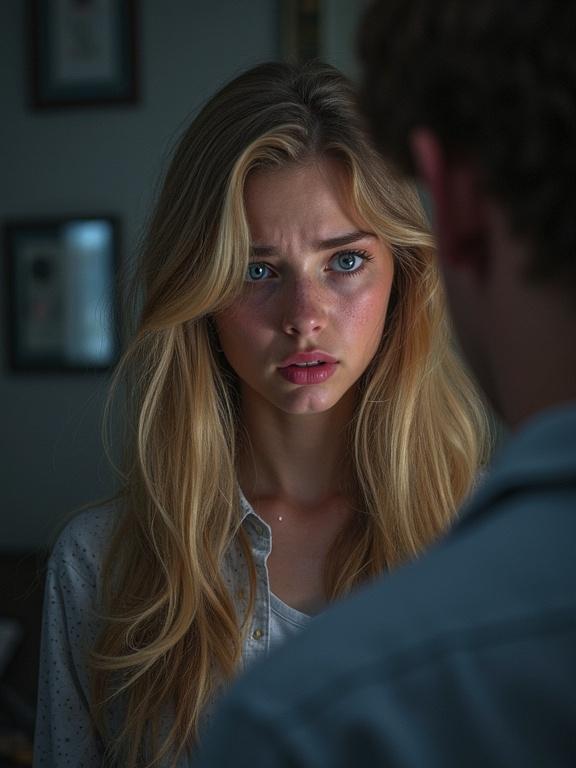 Colored realistic portrait of a scared tearful young woman with blond hair in a dark living room. She shows visible emotion with a trembling lower lip and pouting face, looking down with hands on sides near a man.