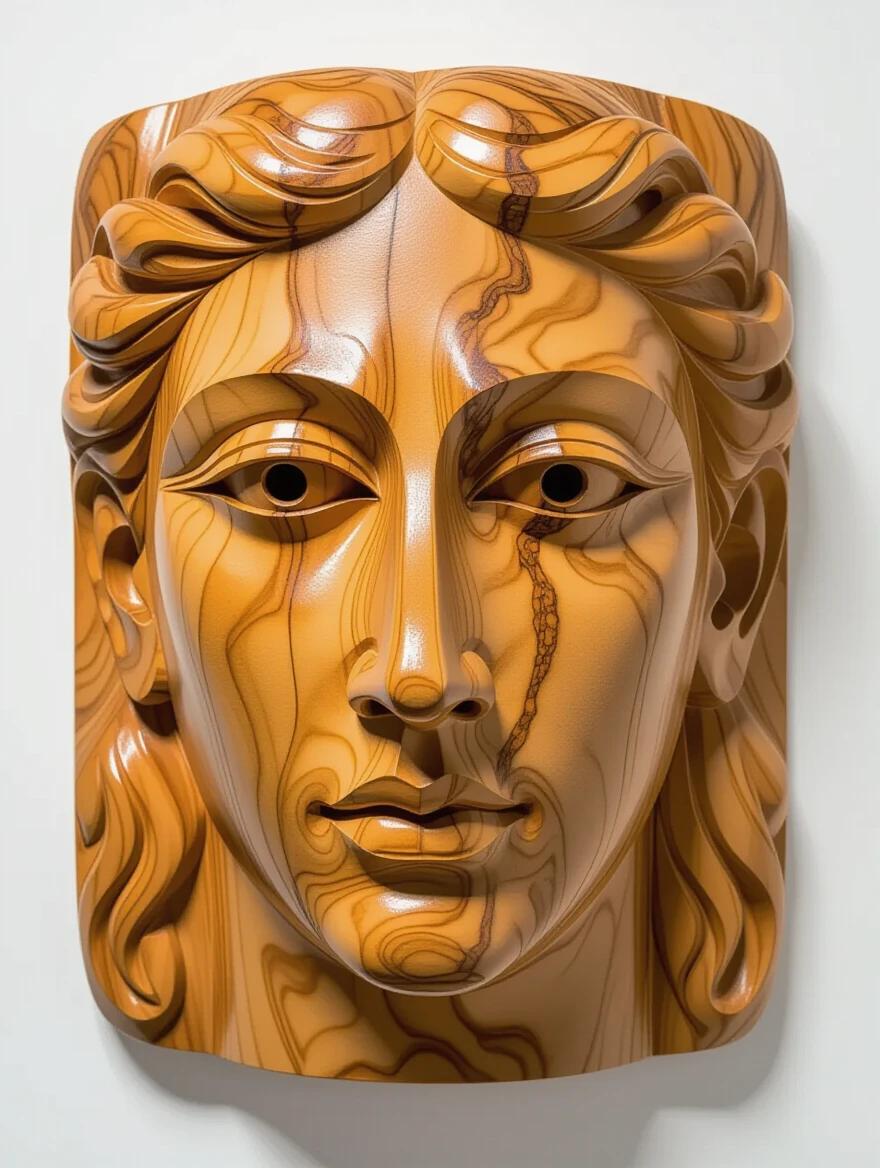 A wooden mask carved from olive wood. The mask has a straight grain and a smooth finish. The surface showcases detailed carvings with lines indicating features. The grain gives visual interest and shading emphasizes the carved depths. The mask has a lifelike, layered appearance.
