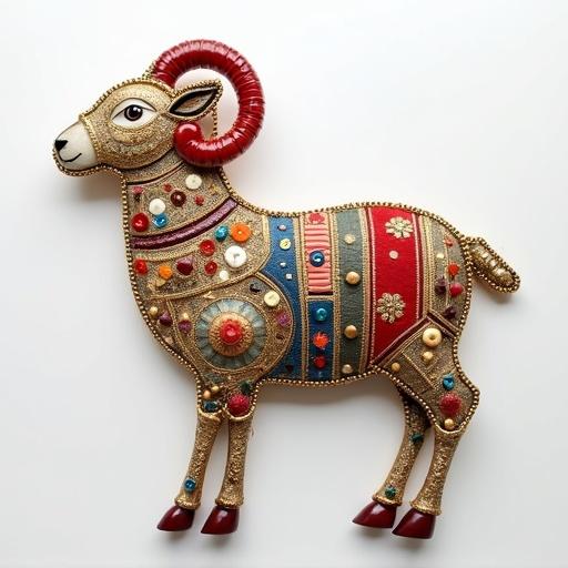 An ornate lamb for Eid made from various art supplies arranged creatively. The design is simple yet elegant with an artistic flair. The overall appearance is fun and eye-catching.