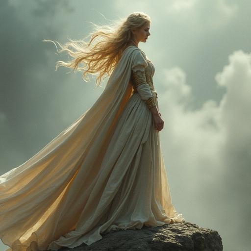 Blonde female mage wearing a flowing robe standing on a rock near water with a magical landscape in the background