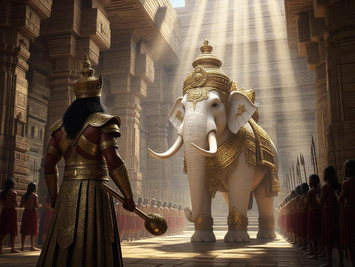 Wide shot of ancient Indian temple interior. Muscular warrior king in golden armor faces majestic white elephant with jeweled headdress. King grips heavy golden mace. Behind them an army of soldiers. Massive carved stone pillars stretch high. Dramatic lighting with god rays and warm glows. Low camera angle enhances grandeur. Mood is majestic and ceremonial.