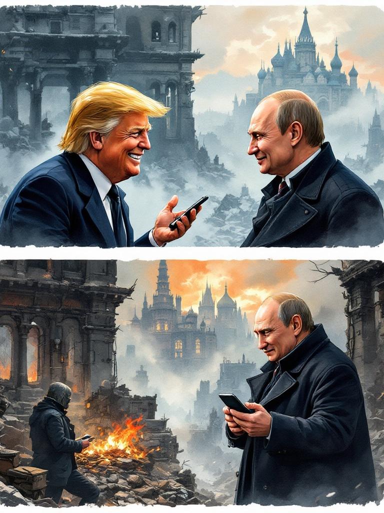 A Ghibli-style cartoon illustration divided into two scenes featuring Donald Trump and Vladimir Putin. Characters engaged in conversation with one holding a smartphone amidst a backdrop of a ruined city. The style reflects dark steampunk fantasy using watercolor techniques.
