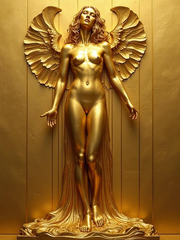 A golden sculpture of a female angel with wings. The figure stands in a poised manner with arms extended. The texture appears smooth and radiant, highlighting the figure's form.