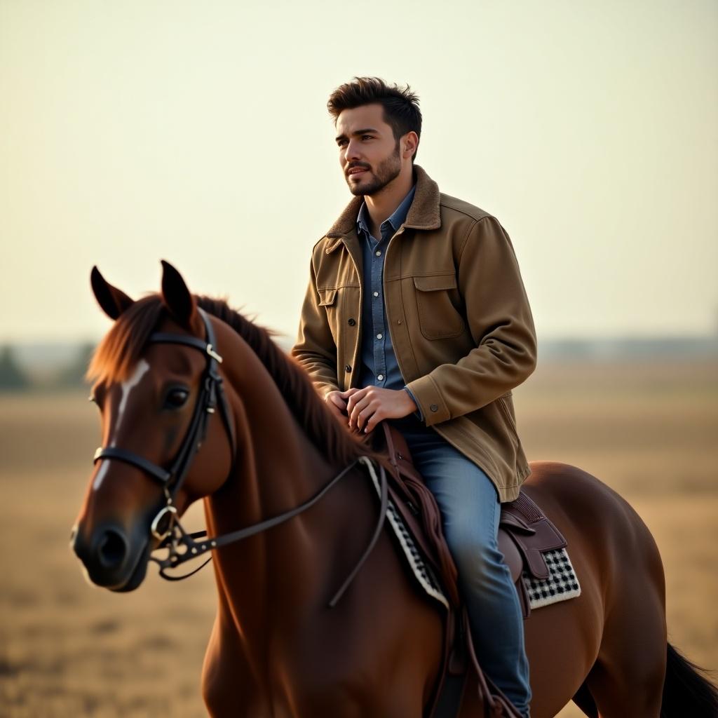 Young man riding a brown horse in an outdoor setting with a soft background. The man has a stylish jacket and a confident expression.